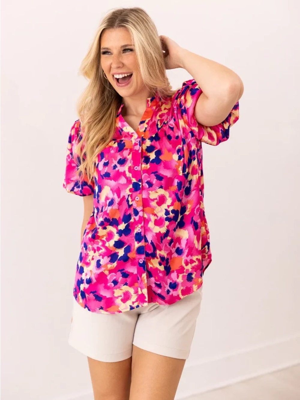 Grace & Emma Bright Pink Floral Button Front Blouse